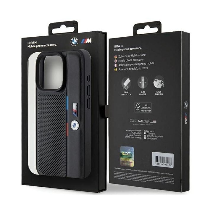 BMW perforuotas Tricolor Line dėklas iPhone 15 Pro - juodas