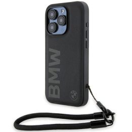 BMW Signature Leather Wordmark Cord dėklas iPhone 15 Pro - juodas