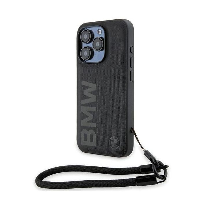 BMW Signature Leather Wordmark Cord dėklas iPhone 15 Pro - juodas