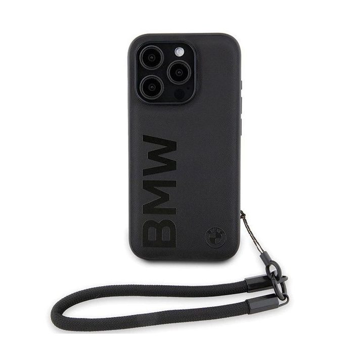 BMW Signature Leather Wordmark Cord dėklas iPhone 15 Pro - juodas