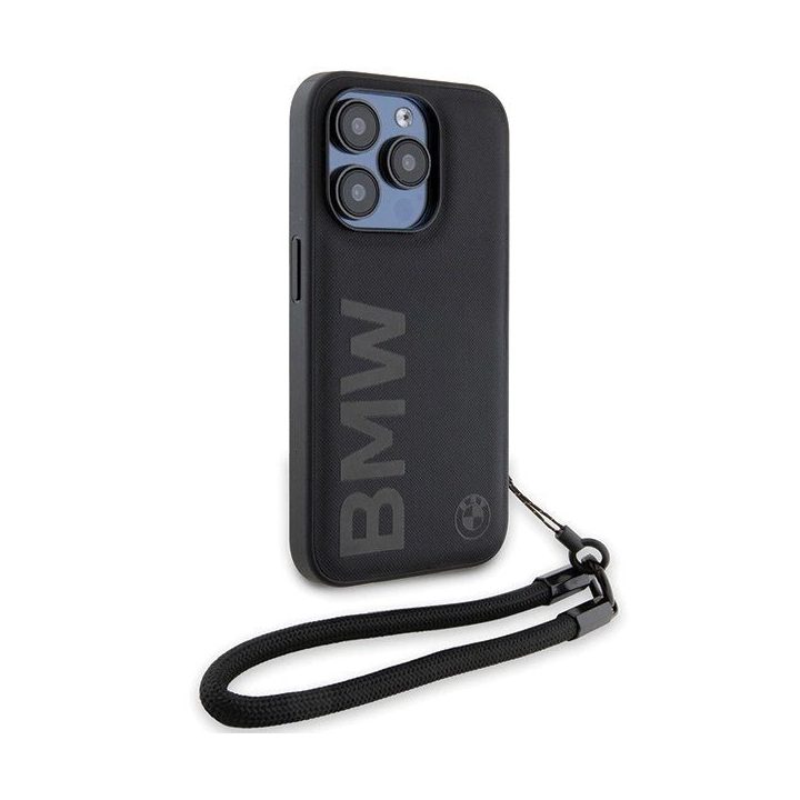 BMW Signature Leather Wordmark Cord dėklas iPhone 15 Pro - juodas