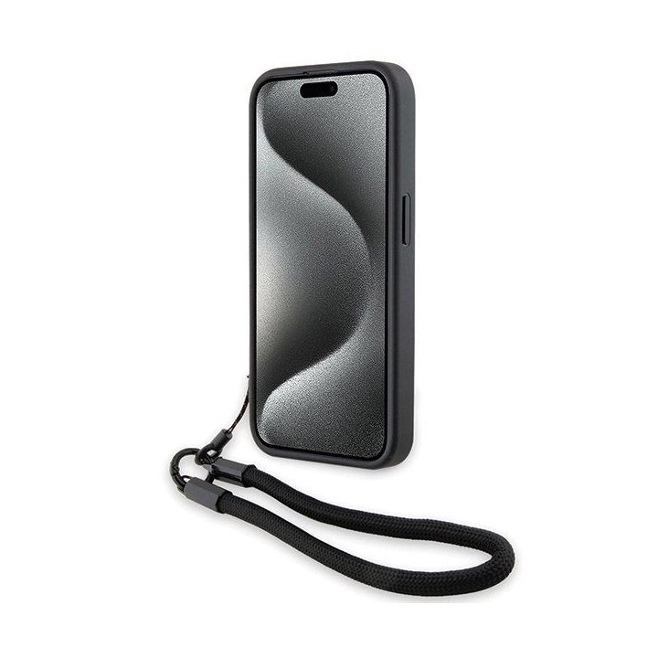 BMW Signature Leather Wordmark Cord dėklas iPhone 15 Pro - juodas