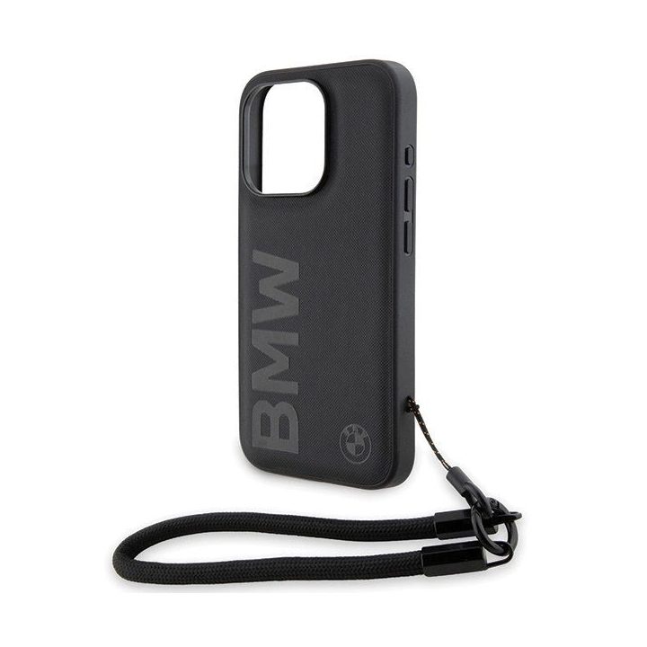 BMW Signature Leather Wordmark Cord dėklas iPhone 15 Pro - juodas