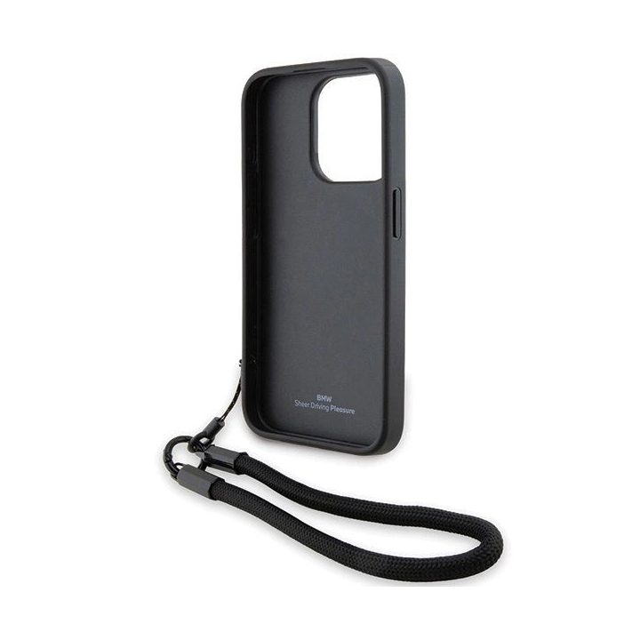 BMW Signature Leather Wordmark Cord dėklas iPhone 15 Pro - juodas