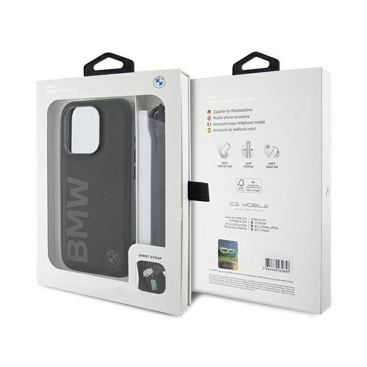 BMW Signature Leather Wordmark Cord dėklas iPhone 15 Pro - juodas
