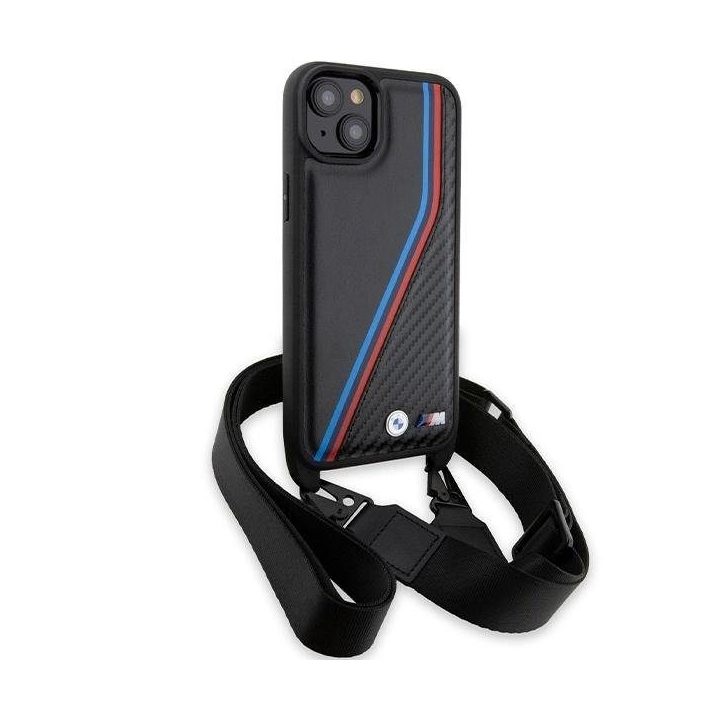 BMW M Edition Carbon Tricolor Lines & Strap dėklas iPhone 15 Plus / 14 Plus - juodas
