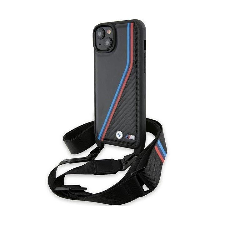 BMW M Edition Carbon Tricolor Lines & Strap dėklas iPhone 15 Plus / 14 Plus - juodas