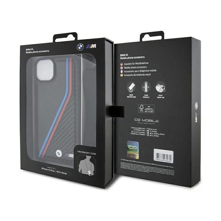 BMW M Edition Carbon Tricolor Lines & Strap dėklas iPhone 15 Plus / 14 Plus - juodas