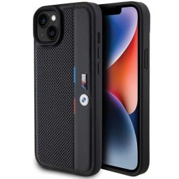BMW perforuotas Tricolor Line dėklas iPhone 15 Plus / 14 Plus - juodas