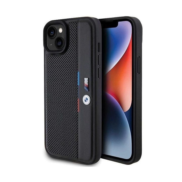 BMW perforuotas Tricolor Line dėklas iPhone 15 Plus / 14 Plus - juodas