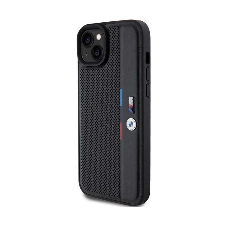 BMW perforuotas Tricolor Line dėklas iPhone 15 Plus / 14 Plus - juodas