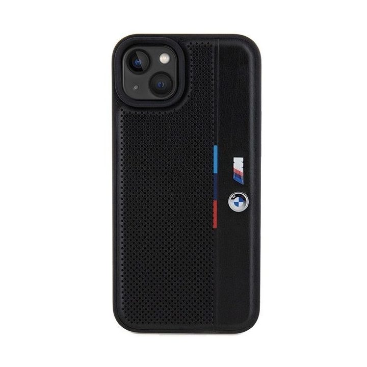BMW perforuotas Tricolor Line dėklas iPhone 15 Plus / 14 Plus - juodas