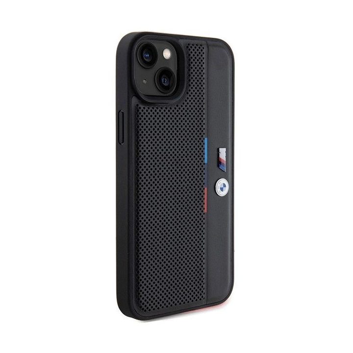 BMW perforuotas Tricolor Line dėklas iPhone 15 Plus / 14 Plus - juodas