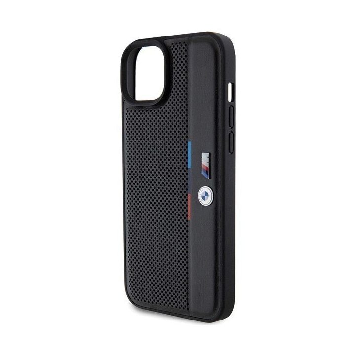 BMW perforuotas Tricolor Line dėklas iPhone 15 Plus / 14 Plus - juodas