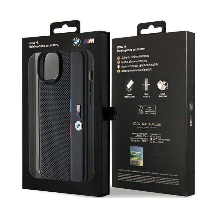 BMW perforuotas Tricolor Line dėklas iPhone 15 Plus / 14 Plus - juodas