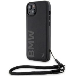 BMW Signature Leather Wordmark Cord dėklas iPhone 15 Plus / 14 Plus - juodas
