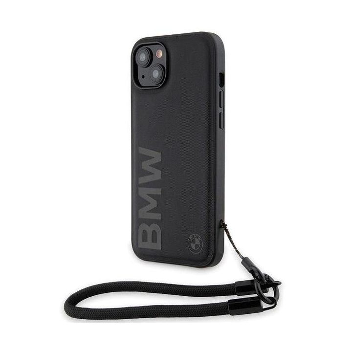 BMW Signature Leather Wordmark Cord dėklas iPhone 15 Plus / 14 Plus - juodas