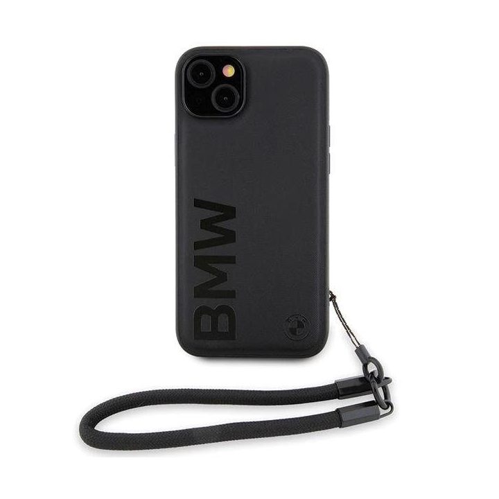 BMW Signature Leather Wordmark Cord dėklas iPhone 15 Plus / 14 Plus - juodas