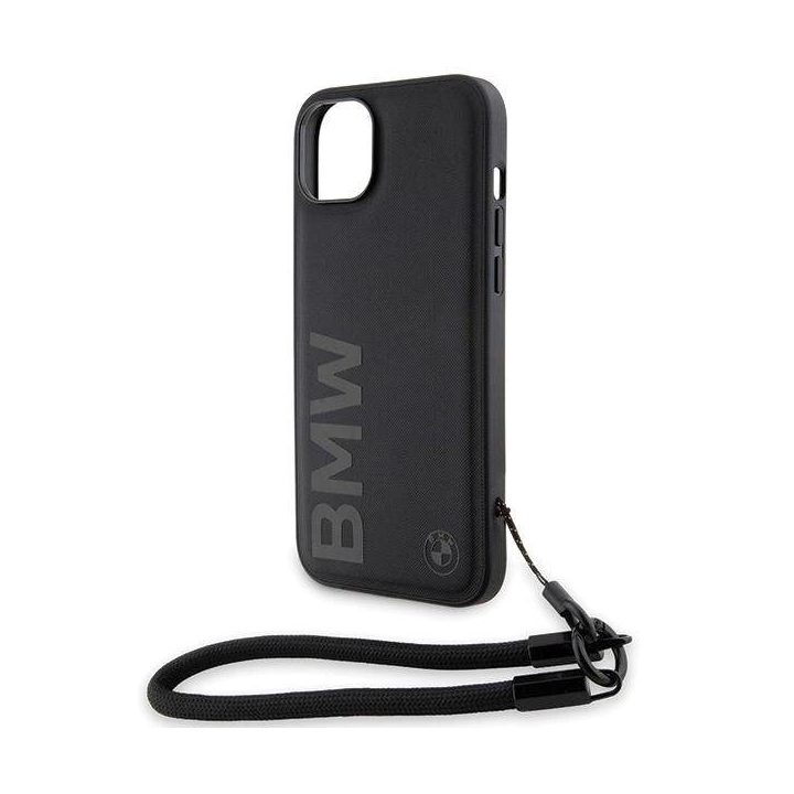 BMW Signature Leather Wordmark Cord dėklas iPhone 15 Plus / 14 Plus - juodas