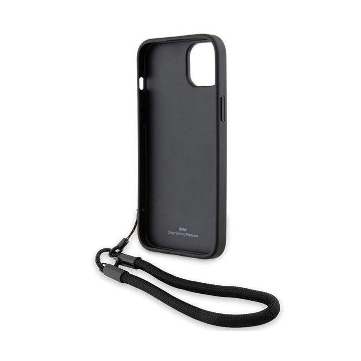 BMW Signature Leather Wordmark Cord dėklas iPhone 15 Plus / 14 Plus - juodas