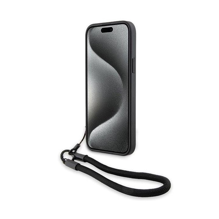 BMW Signature Leather Wordmark Cord dėklas iPhone 15 Plus / 14 Plus - juodas