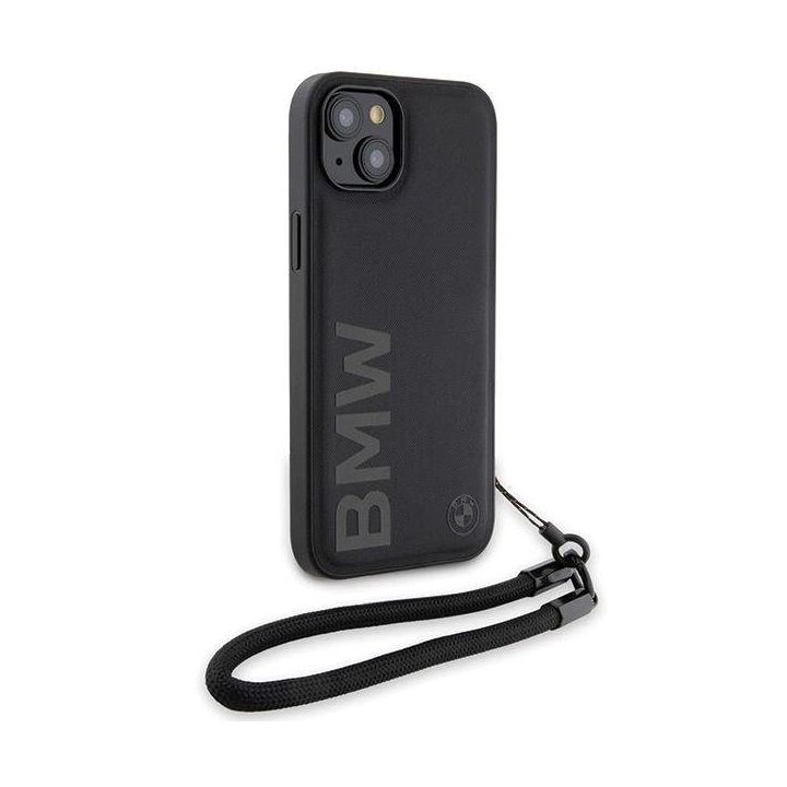 BMW Signature Leather Wordmark Cord dėklas iPhone 15 Plus / 14 Plus - juodas
