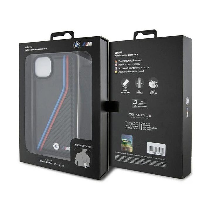 BMW M Edition Carbon Tricolor Lines & Strap dėklas iPhone 15 / 14 / 13 - juodas