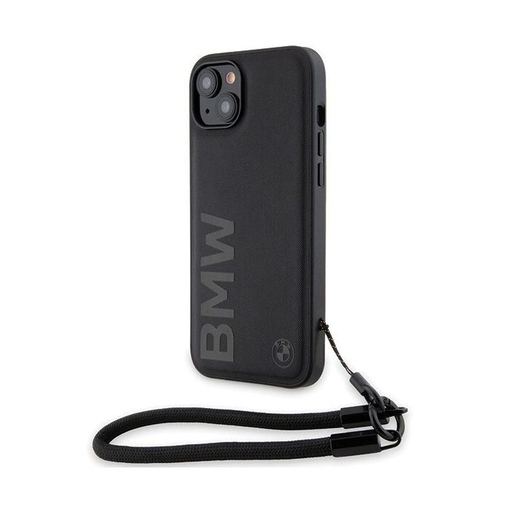 BMW Signature Leather Wordmark Cord Case for iPhone 15/14/13 - Juodas