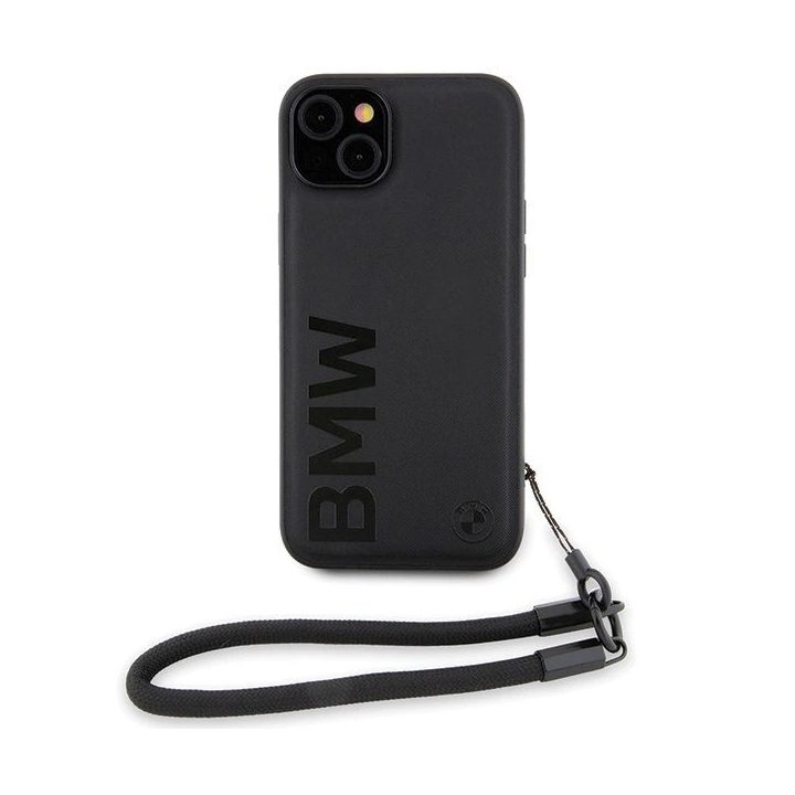 BMW Signature Leather Wordmark Cord Case for iPhone 15/14/13 - Juodas