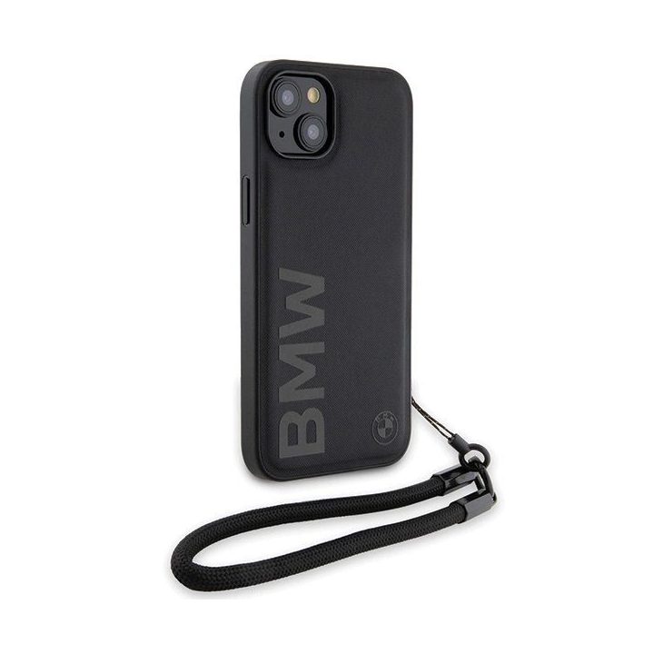 BMW Signature Leather Wordmark Cord Case for iPhone 15/14/13 - Juodas