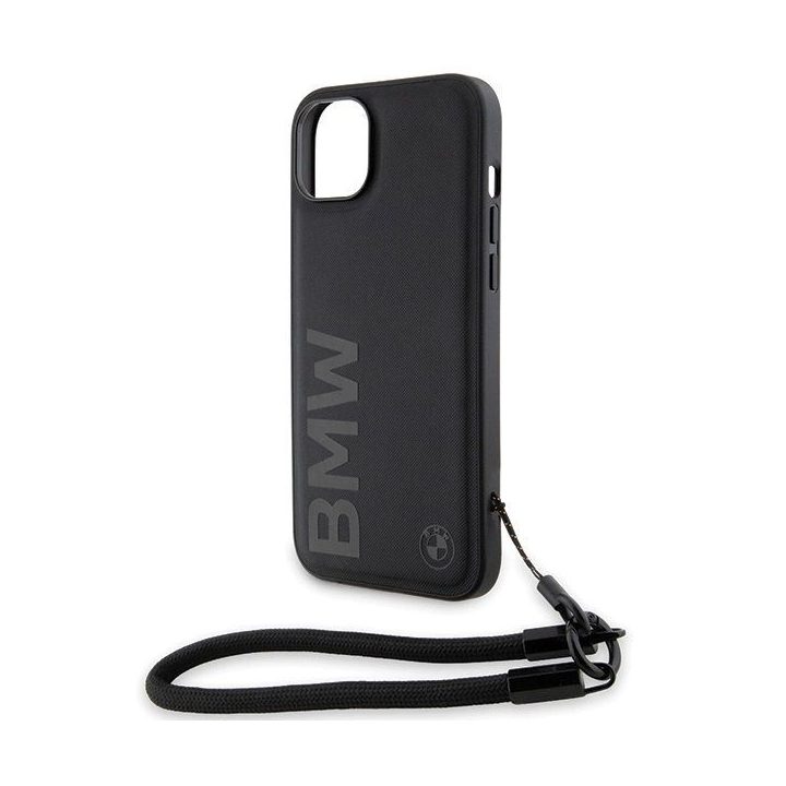 BMW Signature Leather Wordmark Cord Case for iPhone 15/14/13 - Juodas