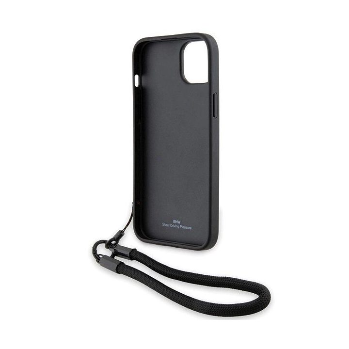 BMW Signature Leather Wordmark Cord Case for iPhone 15/14/13 - Juodas