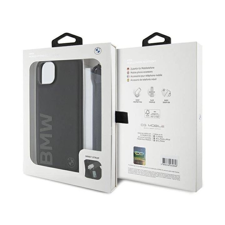 BMW Signature Leather Wordmark Cord Case for iPhone 15/14/13 - Juodas