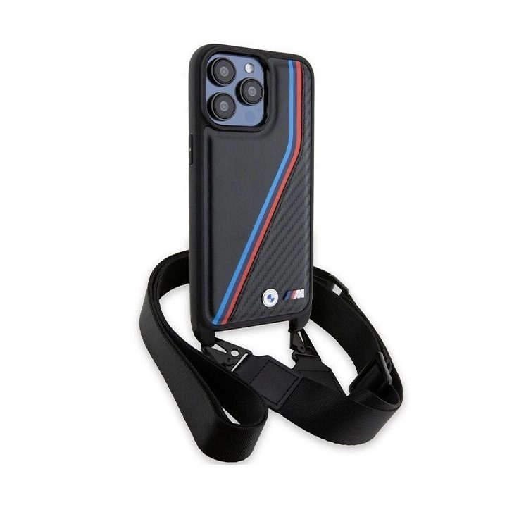 BMW M Edition Carbon Tricolor Lines & Strap dėklas iPhone 15 Pro Max - juodas