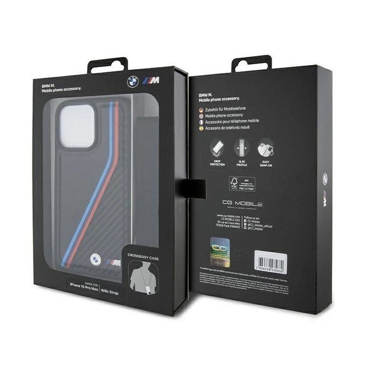 BMW M Edition Carbon Tricolor Lines & Strap dėklas iPhone 15 Pro Max - juodas