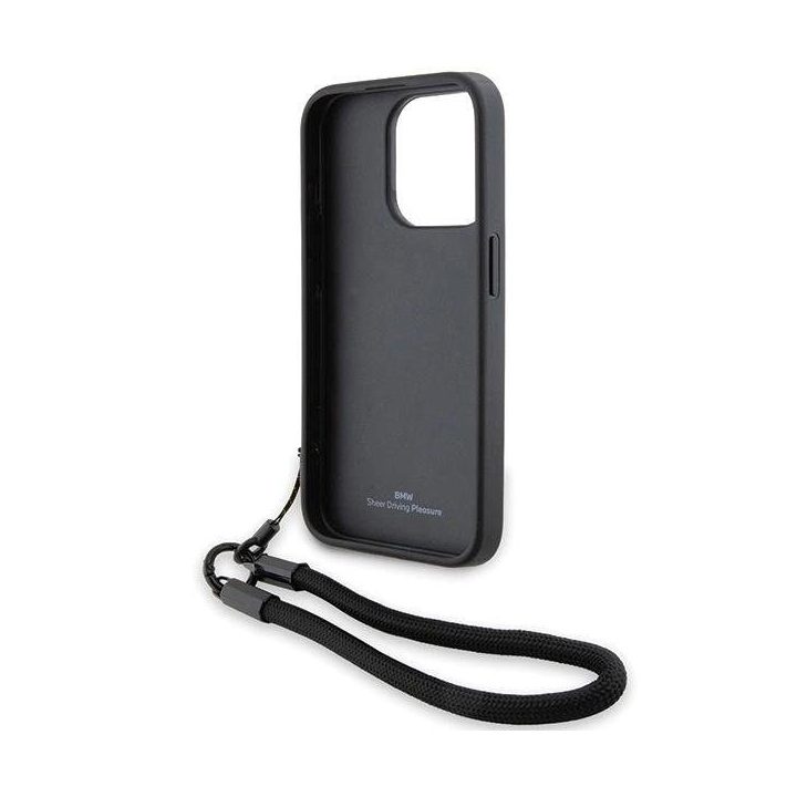 BMW Signature Leather Wordmark Cord dėklas iPhone 15 Pro Max - juodas