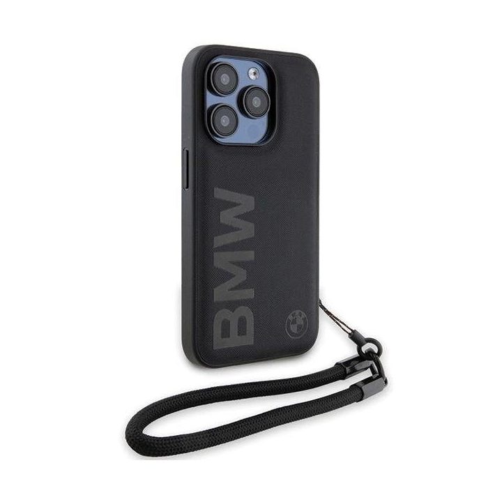 BMW Signature Leather Wordmark Cord dėklas iPhone 15 Pro Max - juodas
