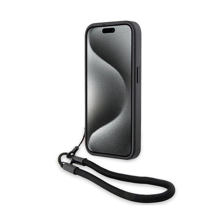 BMW Signature Leather Wordmark Cord dėklas iPhone 15 Pro Max - juodas