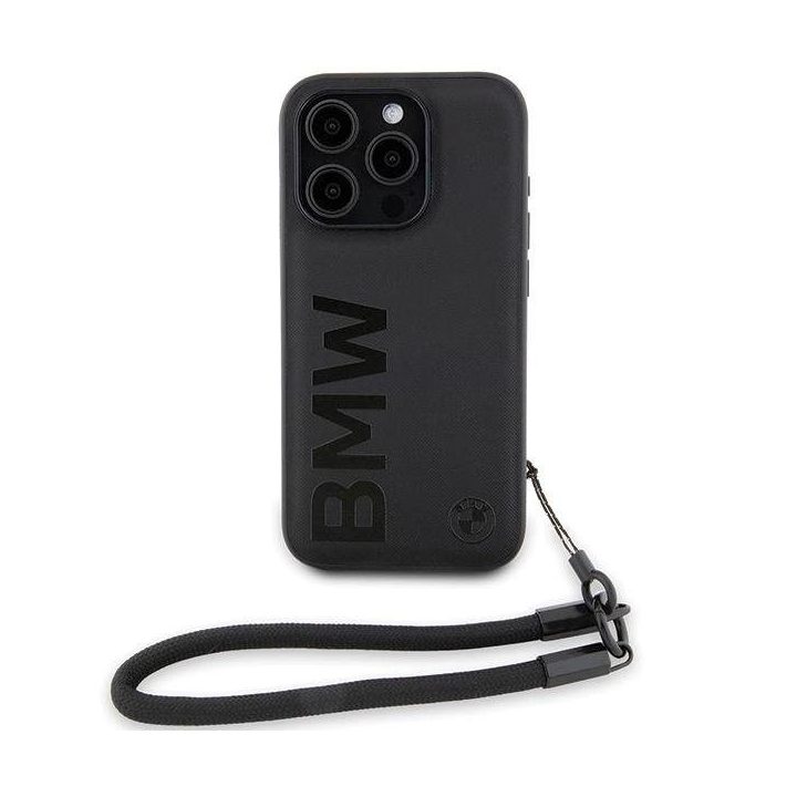 BMW Signature Leather Wordmark Cord dėklas iPhone 15 Pro Max - juodas