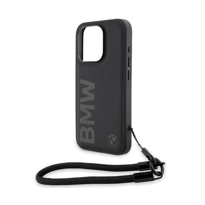 BMW Signature Leather Wordmark Cord dėklas iPhone 15 Pro Max - juodas