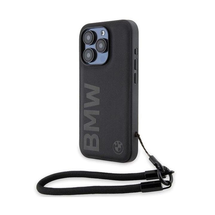 BMW Signature Leather Wordmark Cord dėklas iPhone 15 Pro Max - juodas