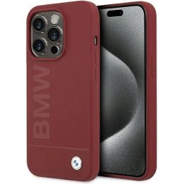 BMW silikoninis MagSafe dėklas su dideliu logotipu iPhone 15 Pro - raudonas