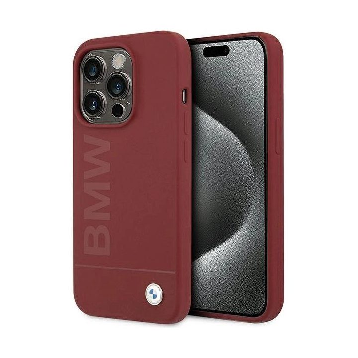 BMW silikoninis MagSafe dėklas su dideliu logotipu iPhone 15 Pro - raudonas