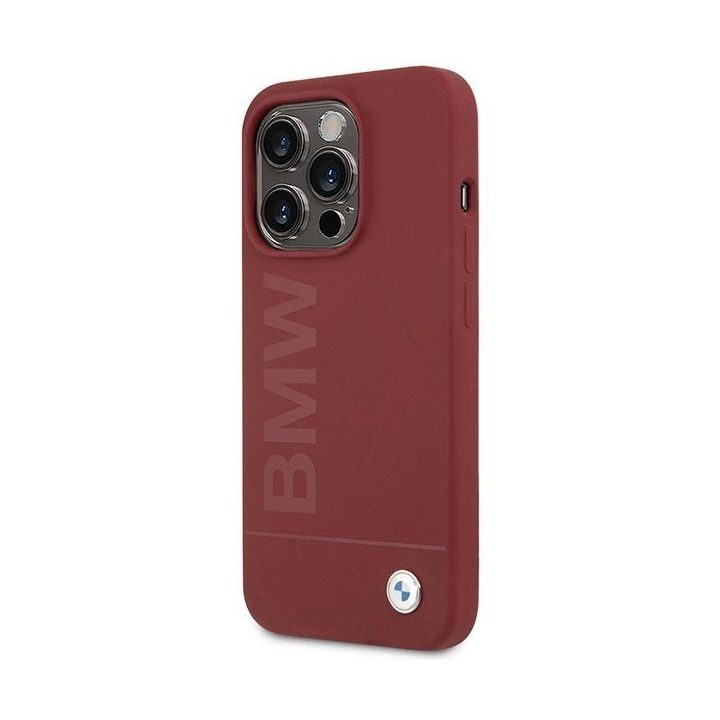 BMW silikoninis MagSafe dėklas su dideliu logotipu iPhone 15 Pro - raudonas