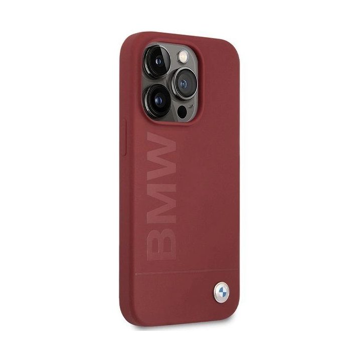 BMW silikoninis MagSafe dėklas su dideliu logotipu iPhone 15 Pro - raudonas