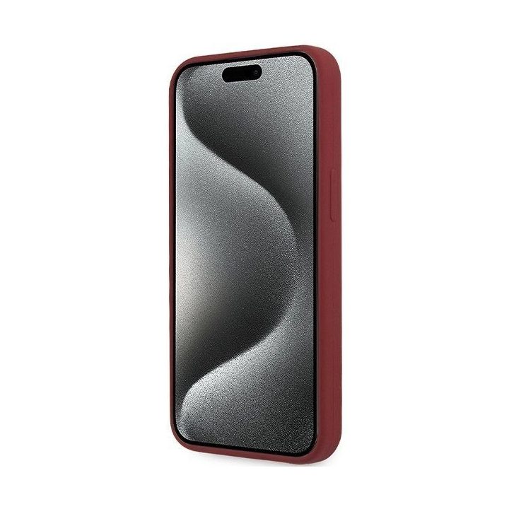 BMW silikoninis MagSafe dėklas su dideliu logotipu iPhone 15 Pro - raudonas