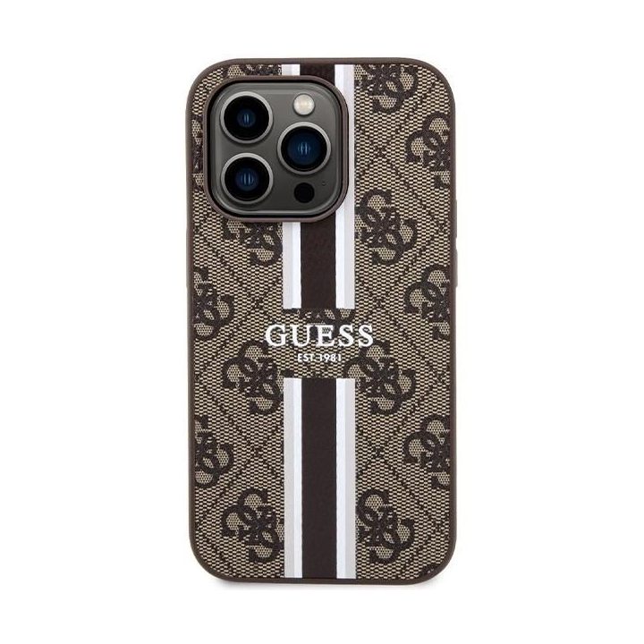 Guess 4G spausdintas Stripes MagSafe dėklas iPhone 15 Pro - rudas