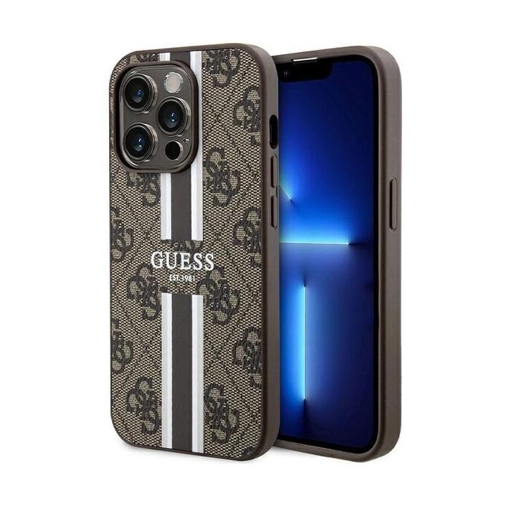 Guess 4G spausdintas Stripes MagSafe dėklas iPhone 15 Pro - rudas
