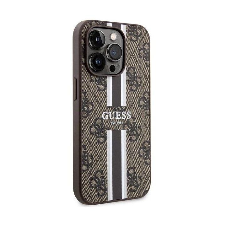 Guess 4G spausdintas Stripes MagSafe dėklas iPhone 15 Pro - rudas