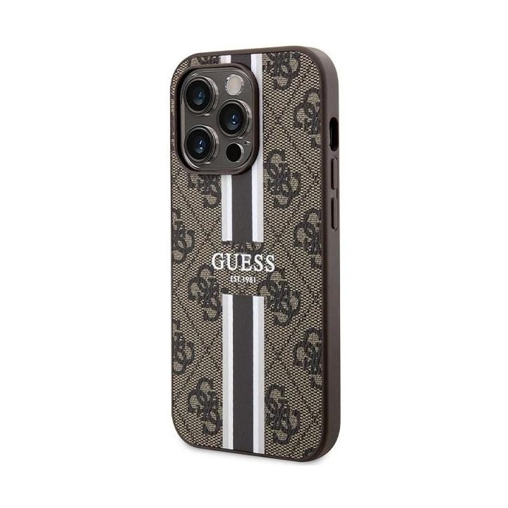 Guess 4G spausdintas Stripes MagSafe dėklas iPhone 15 Pro - rudas